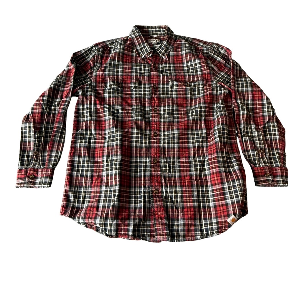 Carhartt Mens Relaxed Fit Plaid Long Sleeve Button Down Shirt Red Black Large